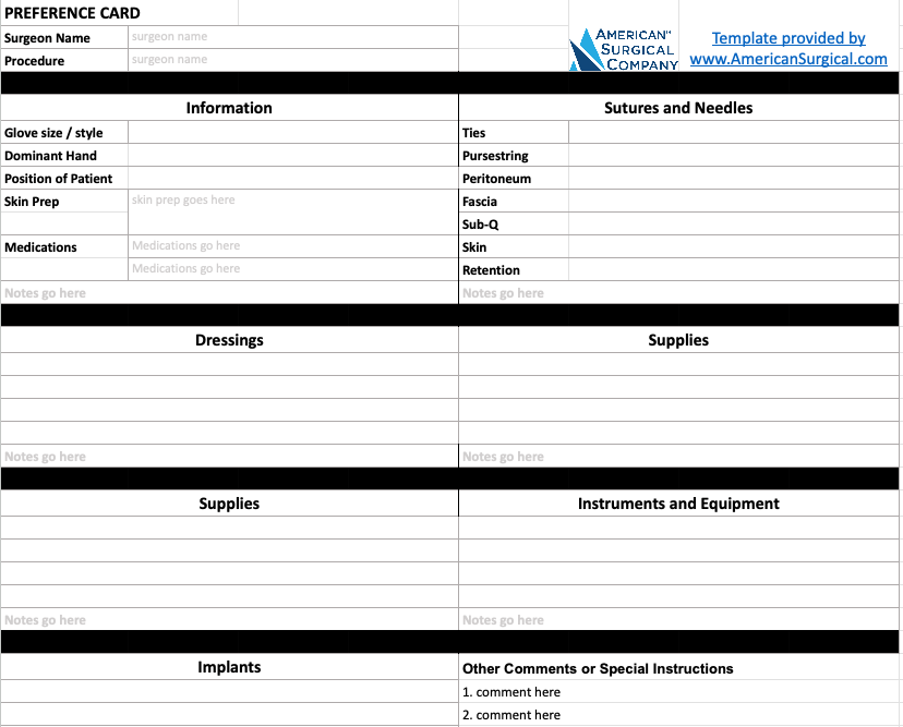 surgeon surgical preference card